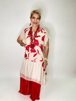 Red Flowers Linen Dress-Beige