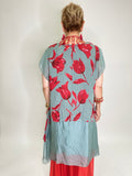 Red Flowers Linen Dress-Dark Green