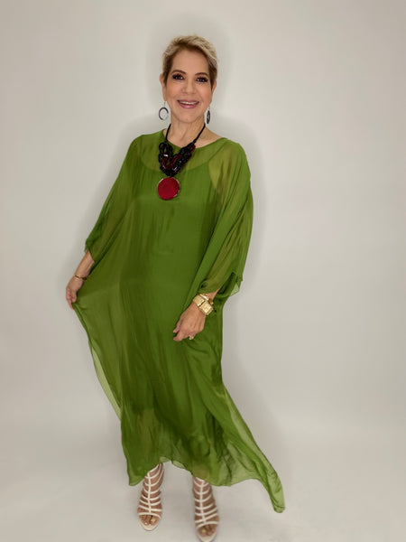 Silk Long Kaftan Dress-Green