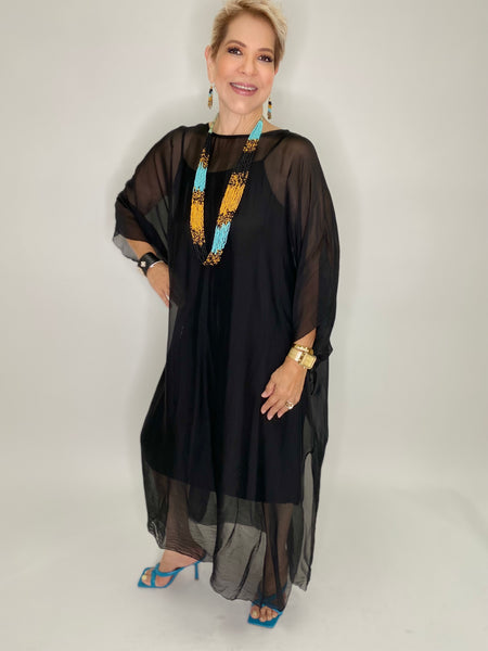 Silk Long Kaftan Dress-Black