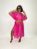 Silk Long Kaftan Dress-Fuchsia