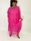 Silk Long Kaftan Dress-Fuchsia