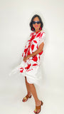 Red Flowers Linen Dress-White