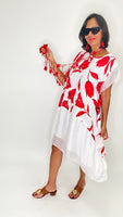 Red Flowers Linen Dress-White