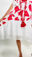 Red Flowers Linen Dress-White