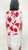 Red Flowers Linen Dress-White