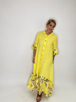 Flower Print Linen Long Dress-Yellow