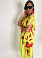 Red Flowers Linen Dress-Neon Green