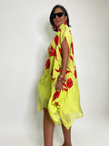 Red Flowers Linen Dress-Neon Green