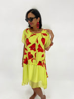 Red Flowers Linen Dress-Neon Green