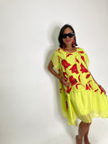 Red Flowers Linen Dress-Neon Green