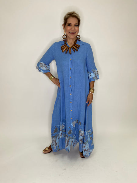 Flower Print Linen Long Dress-Blue