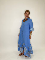 Flower Print Linen Long Dress-Blue