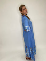 Flower Print Linen Long Dress-Blue