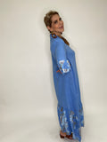 Flower Print Linen Long Dress-Blue