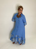 Flower Print Linen Long Dress-Blue