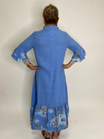 Flower Print Linen Long Dress-Blue