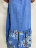 Flower Print Linen Long Dress-Blue