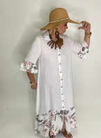 Flower Print Linen Long Dress-White