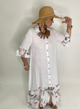 Flower Print Linen Long Dress-White