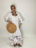 Flower Print Linen Long Dress-White