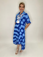 Dual Print Linen Dress-Blue