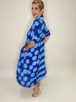 Dual Print Linen Dress-Blue