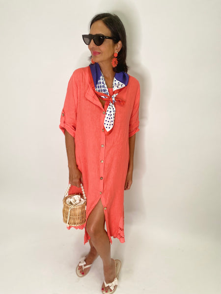 Openwork Button Down Midi Dress-Coral