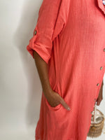 Openwork Button Down Midi Dress-Coral