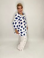 Polka Dot Linen Poncho Blouse-White