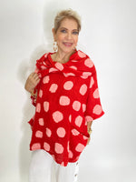 Polka Dot Linen Poncho Blouse-Red