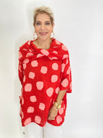 Polka Dot Linen Poncho Blouse-Red