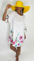 Flower Print Linen Short Dress-White