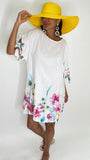 Flower Print Linen Short Dress-White