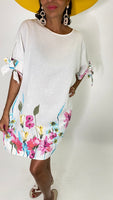 Flower Print Linen Short Dress-White