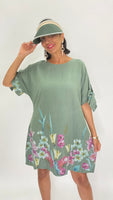 Flower Print Linen Short Dress-Green