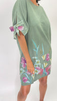 Flower Print Linen Short Dress-Green