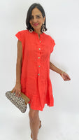 Linen Short Dress-Coral