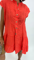 Linen Short Dress-Coral