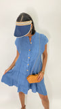 Linen Short Dress-Denim Blue