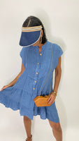 Linen Short Dress-Denim Blue