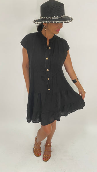 Linen Short Dress-Black