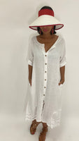 Openwork Button Down Midi Dress-White