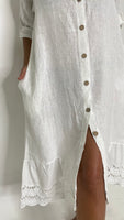 Openwork Button Down Midi Dress-White