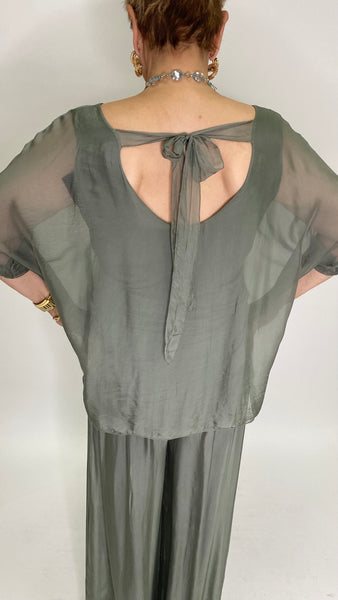 Silk Open Back Blouse-Olive Green