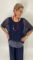 Sequin Silk Blouse-Navy Blue