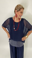 Sequin Silk Blouse-Navy Blue