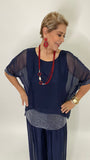 Sequin Silk Blouse-Navy Blue