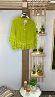 Embroidered Button Down Linen Shirt-Lime Green