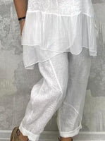 Linen Embroidered Flower Pants-White